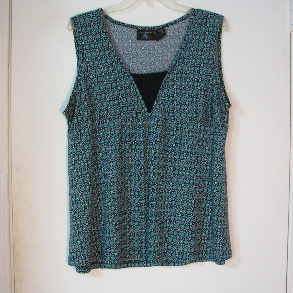 New Additions Maternity Top Large Blue Flowers Floral Black Sleeveless